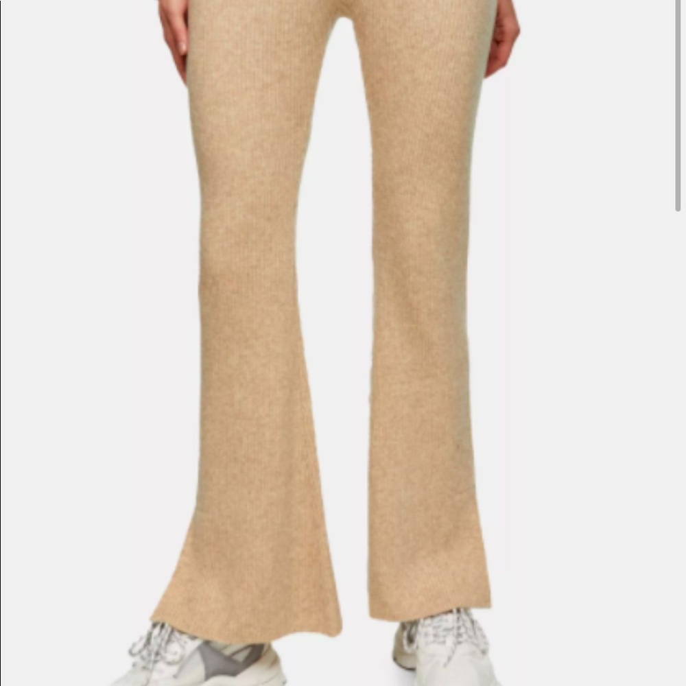 Topshop ribbed knit tan oat flare pants